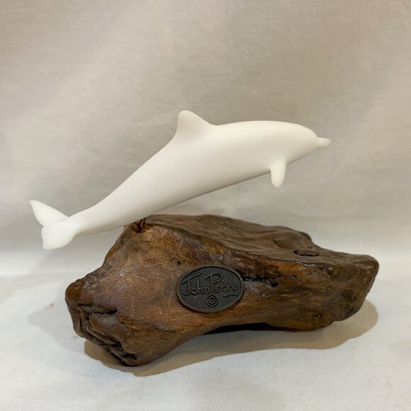 Dolphin Sculpture by John Perry on Burlwood Base Statue - Picture 1 of 9